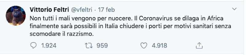 Feltri tweet Coronavirus Porti chiusi