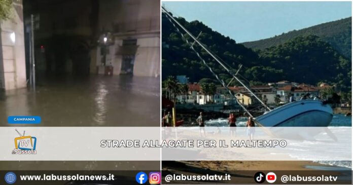 Maltempo, gradine e vento forte in Campania strade allagate in provincia di Napoli. Barca spiaggiata